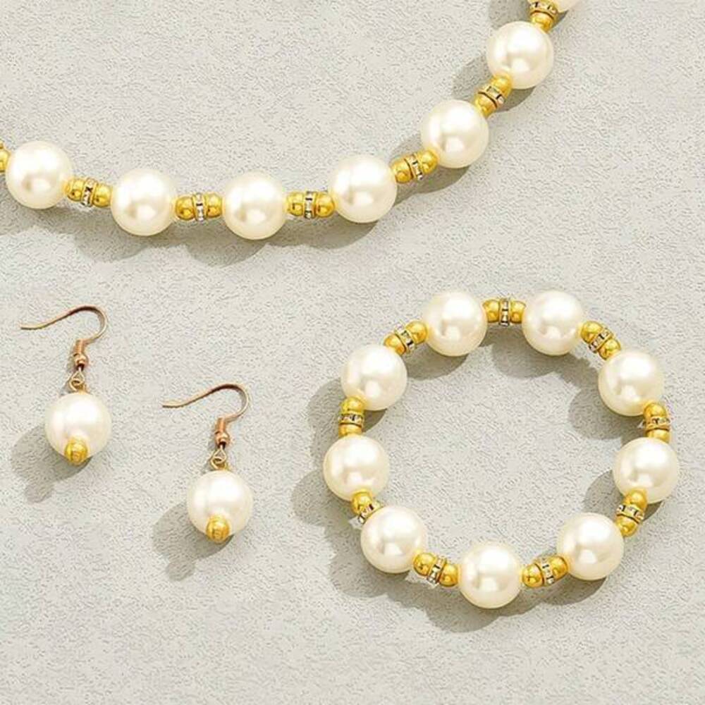 Vintage Imitation Pearl Earrings Bracelet Necklace Set For Simple Fas Gift - Picture 5 of 7